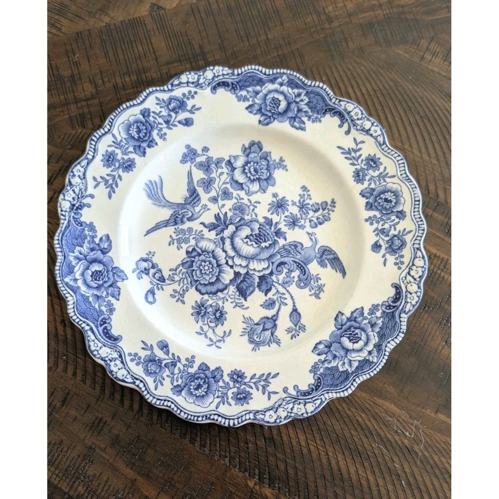 Vintage Crown Ducal Bristol Blue Transferware 8 7/8" Plate Birds Flowers England